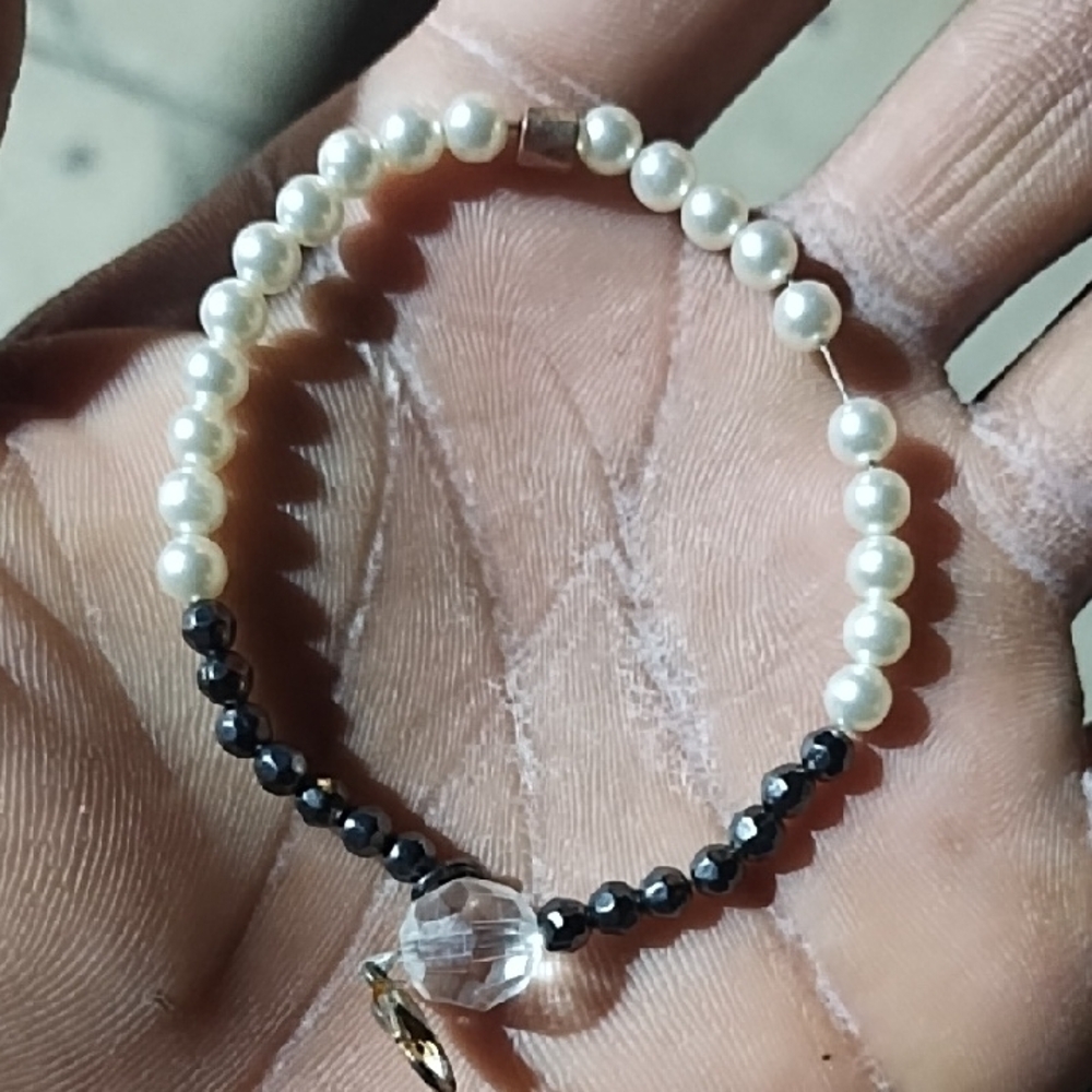 Louis Vuitton White and Black Pearl Bracelet with Crystal Centerpiece